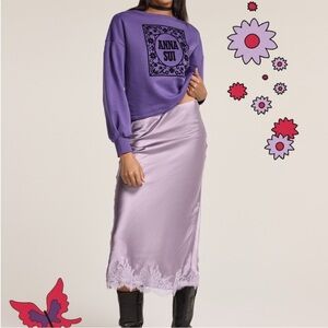Anna Sui Lavender Satin Skirt with Lace Hem